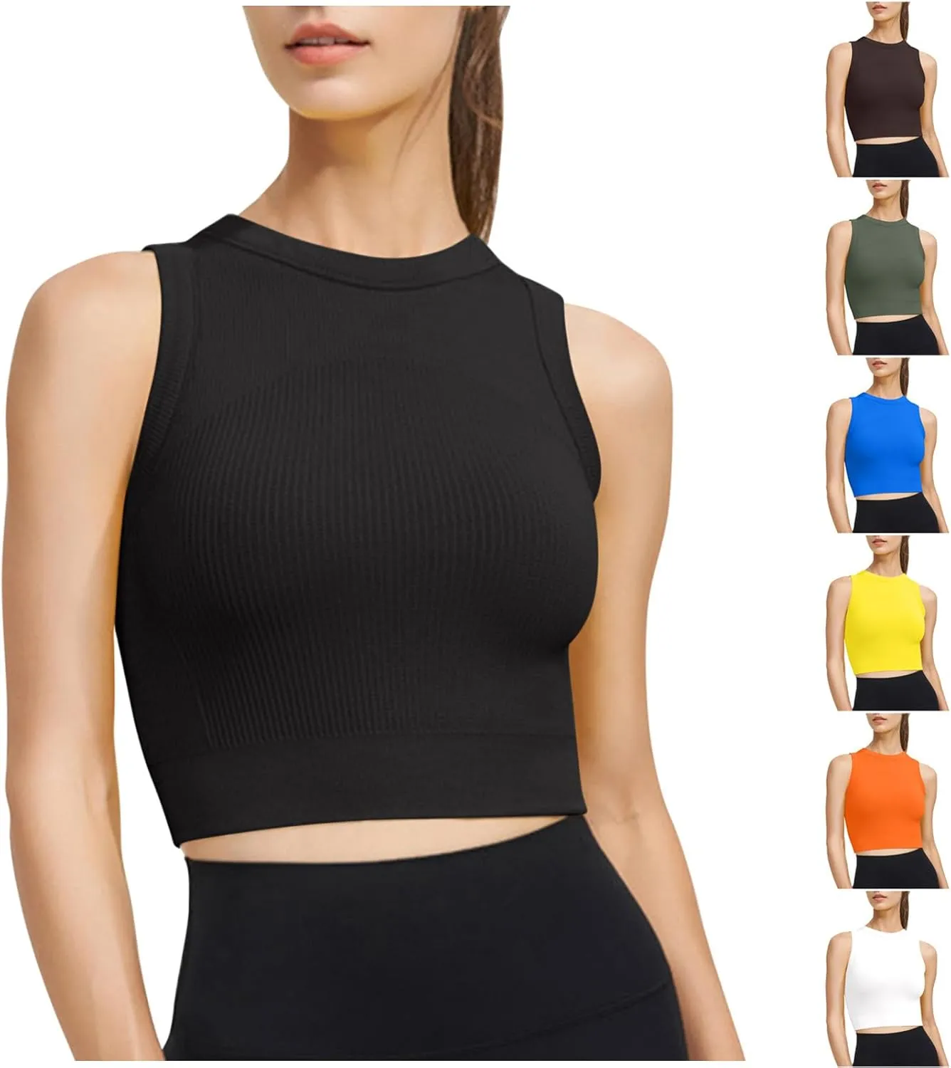 HGps8w Women's Bulit-in-Bra Tank Tops Ribbed Sexy Sleeveless Fitted Casual Basic Stretchy Cropped Workout Shirts