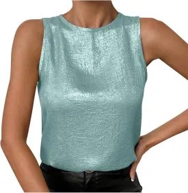 HGps8w Women's Shimmer Velvet Tank Tops Dressy Crew Neck Seeveless Cute Sparkle Glitter Party Disco Tee Shirts