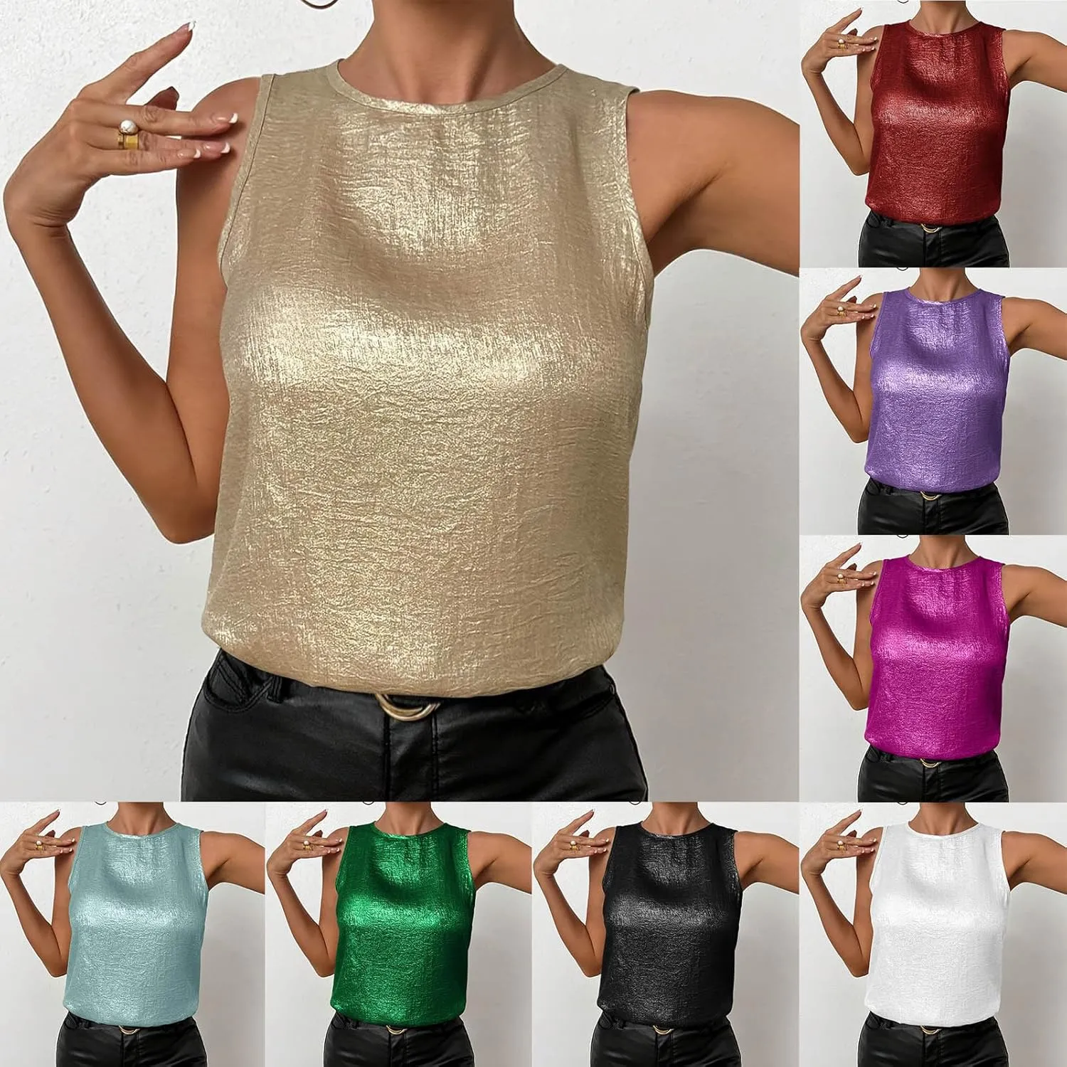 HGps8w Women's Shimmer Velvet Tank Tops Dressy Crew Neck Seeveless Cute Sparkle Glitter Party Disco Tee Shirts