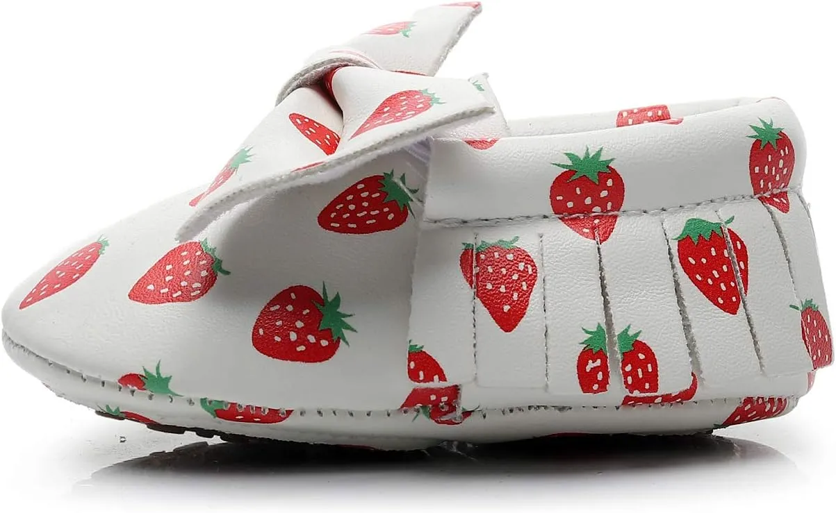 HONGTEYA Baby Moccasins with Rubber Sole&Soft Sole - Flower Print PU Leather Tassel Bow Girls Ballet Dress Shoes for Toddler