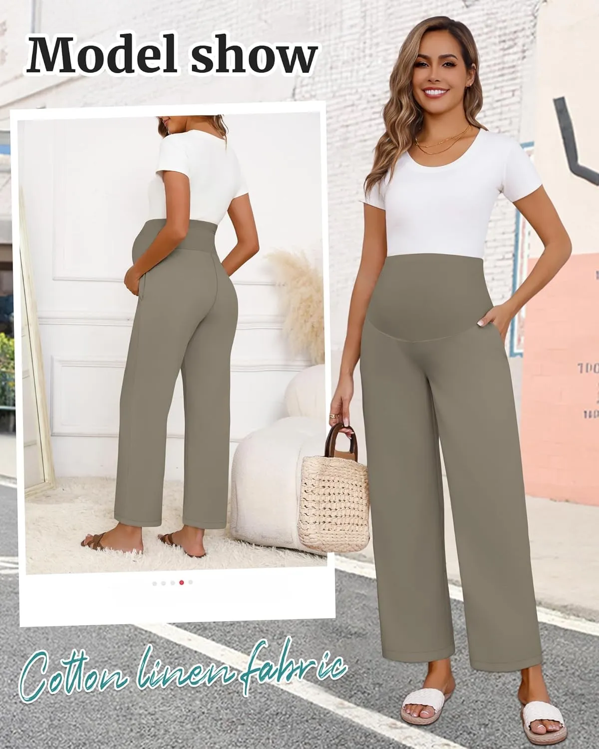 Huukeay Women's Cotton Linen Maternity Pants, High Waisted Lounge Pregnancy Pants Over The Belly Trousers with Pockets