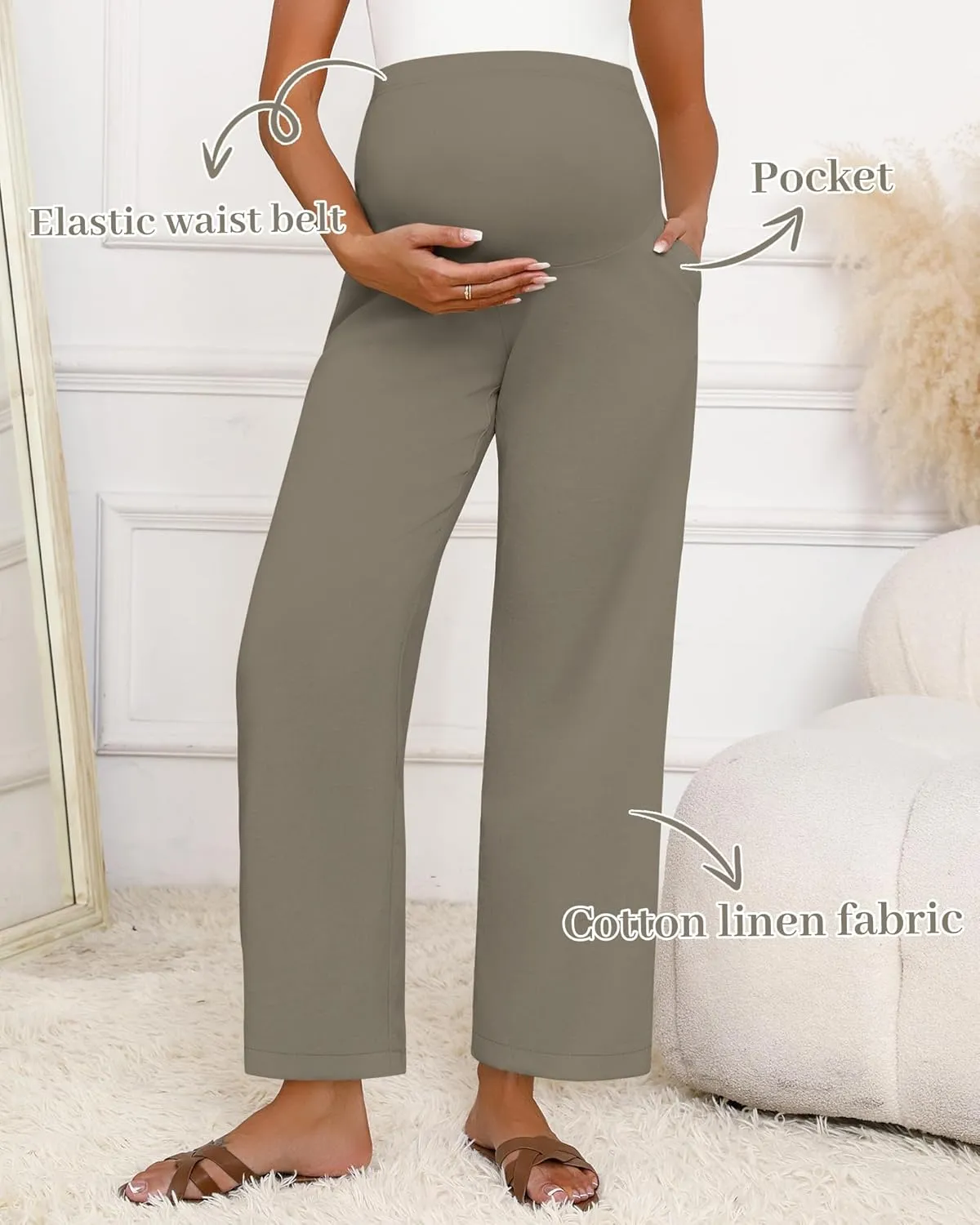 Huukeay Women's Cotton Linen Maternity Pants, High Waisted Lounge Pregnancy Pants Over The Belly Trousers with Pockets