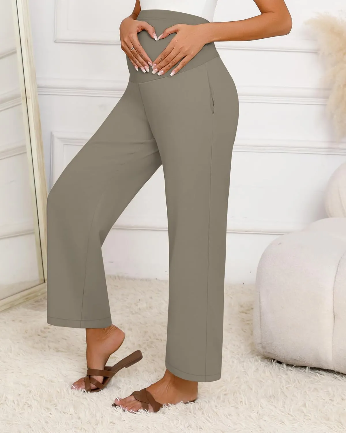 Huukeay Women's Cotton Linen Maternity Pants, High Waisted Lounge Pregnancy Pants Over The Belly Trousers with Pockets