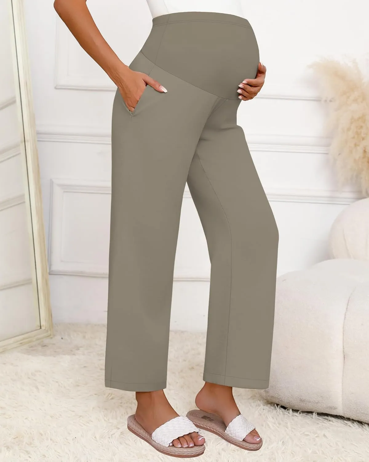 Huukeay Women's Cotton Linen Maternity Pants, High Waisted Lounge Pregnancy Pants Over The Belly Trousers with Pockets