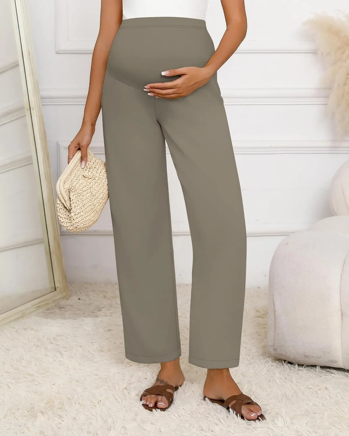 Huukeay Women's Cotton Linen Maternity Pants, High Waisted Lounge Pregnancy Pants Over The Belly Trousers with Pockets