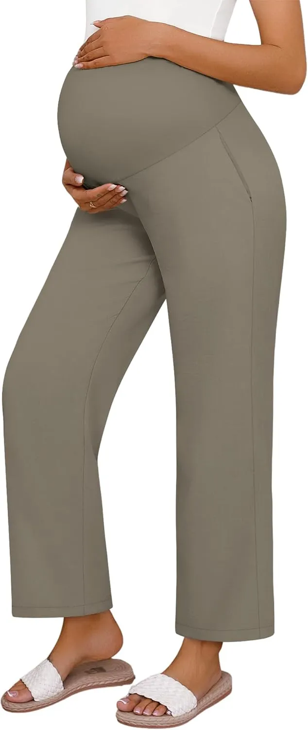 Huukeay Women's Cotton Linen Maternity Pants, High Waisted Lounge Pregnancy Pants Over The Belly Trousers with Pockets