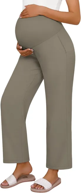 Huukeay Women's Cotton Linen Maternity Pants, High Waisted Lounge Pregnancy Pants Over The Belly Trousers with Pockets