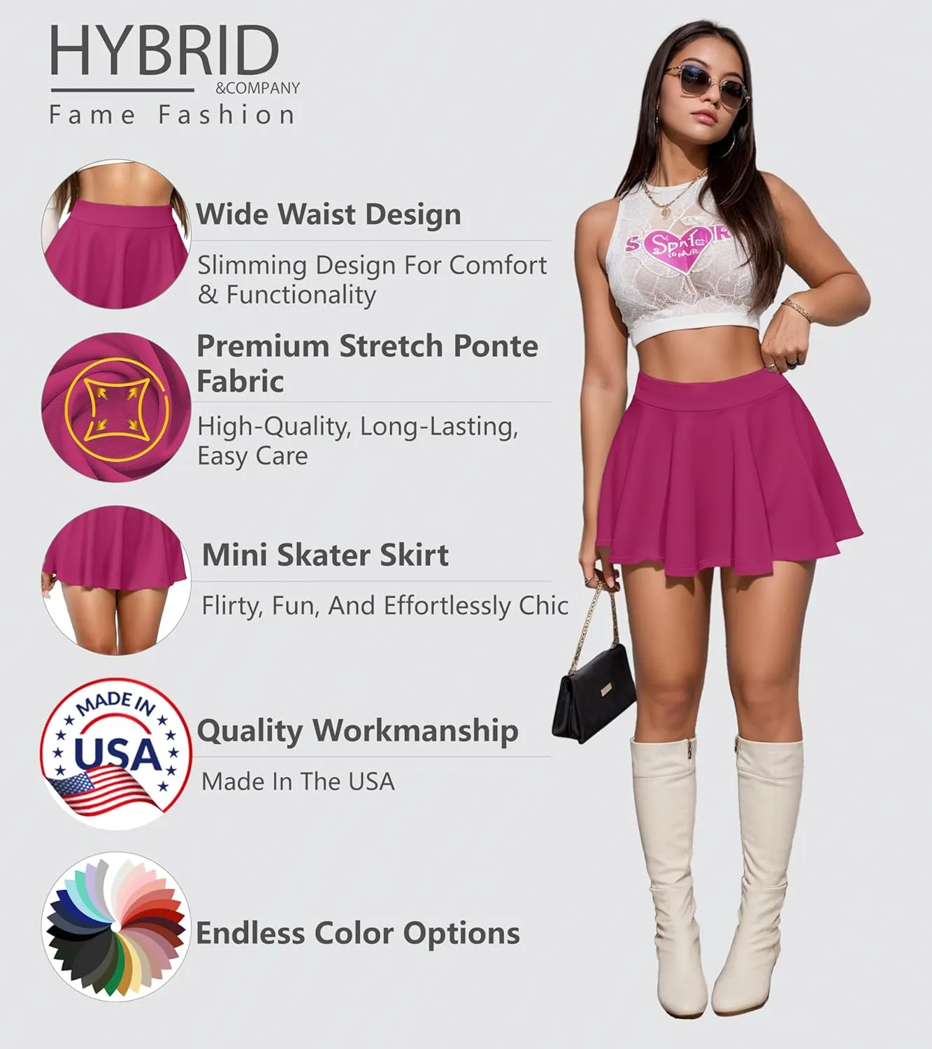 Hybrid & Company Womens Stretch Super Short Flared Casual Nylon Ponte Mini Skate Skirt