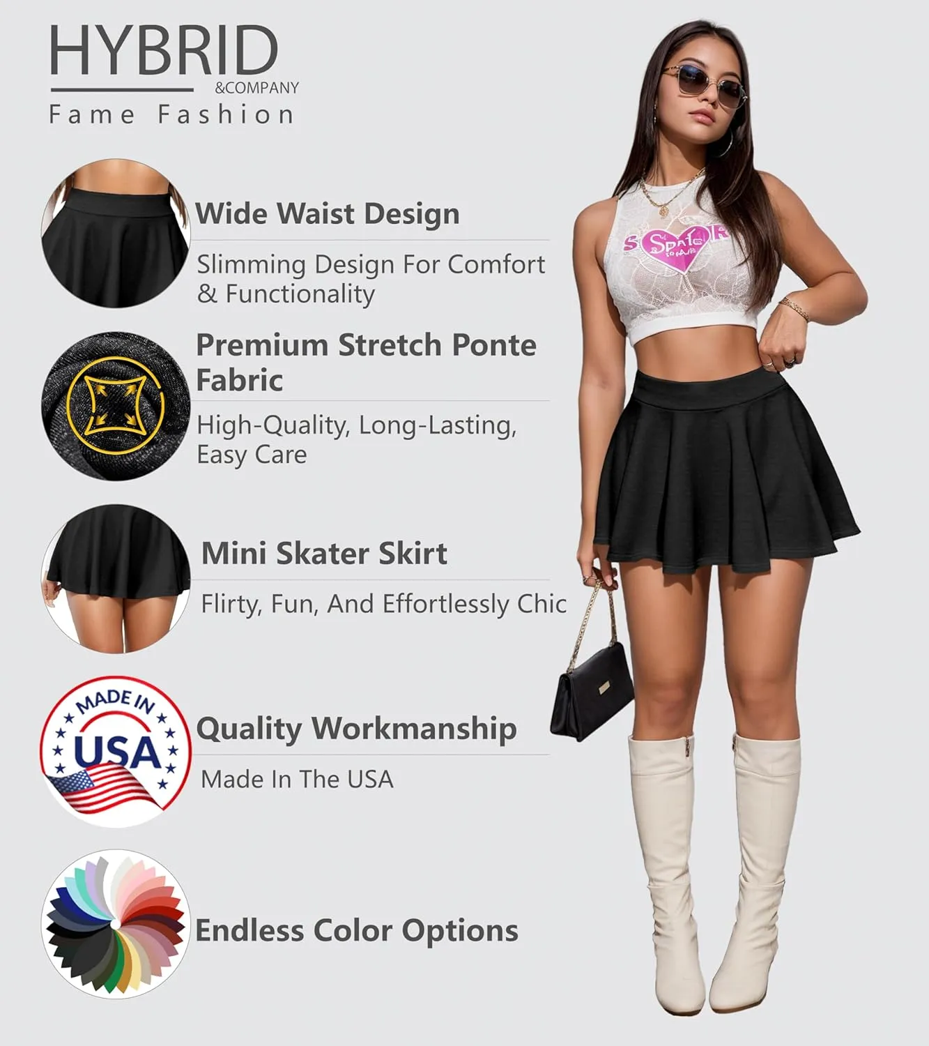 Hybrid & Company Womens Stretch Super Short Flared Casual Nylon Ponte Mini Skate Skirt