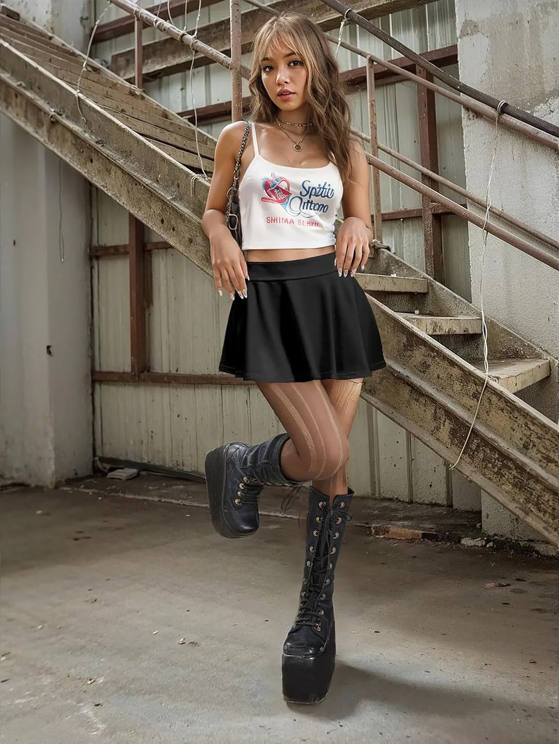 Hybrid & Company Womens Stretch Super Short Flared Casual Nylon Ponte Mini Skate Skirt