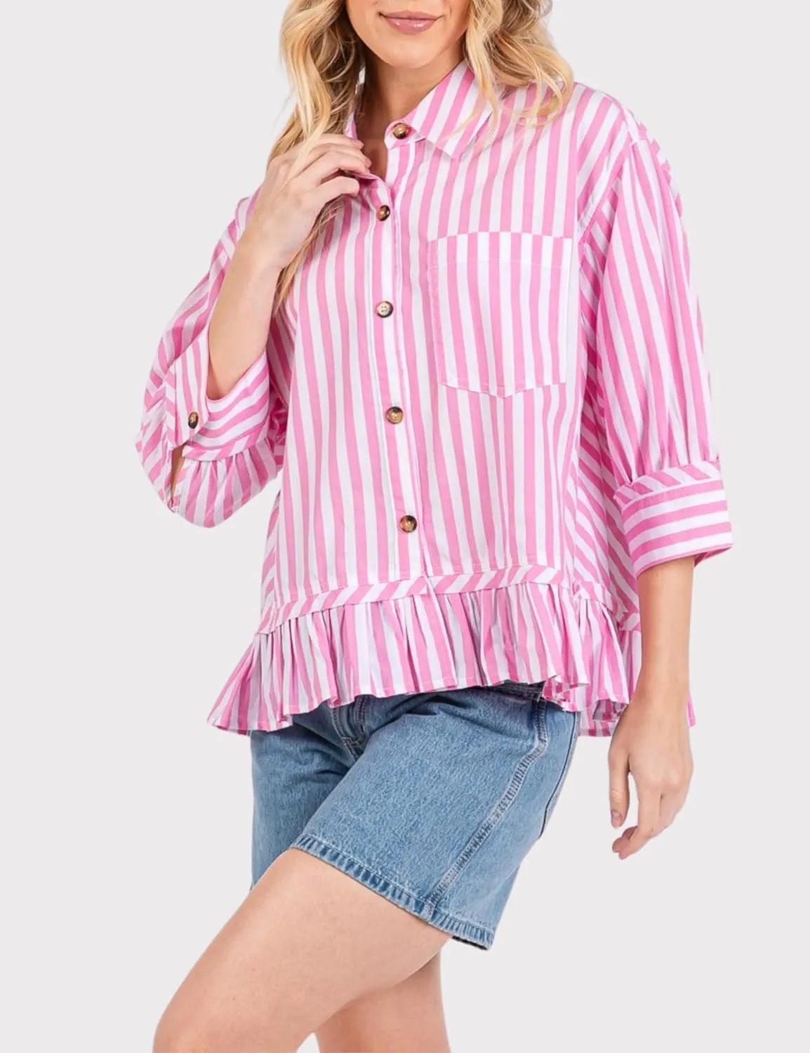 InterNos Womens Striped 3/4 Sleeve Blouse Loose V Neck Button Down Ruffled Hem Vertical Shirt Top with Pocket
