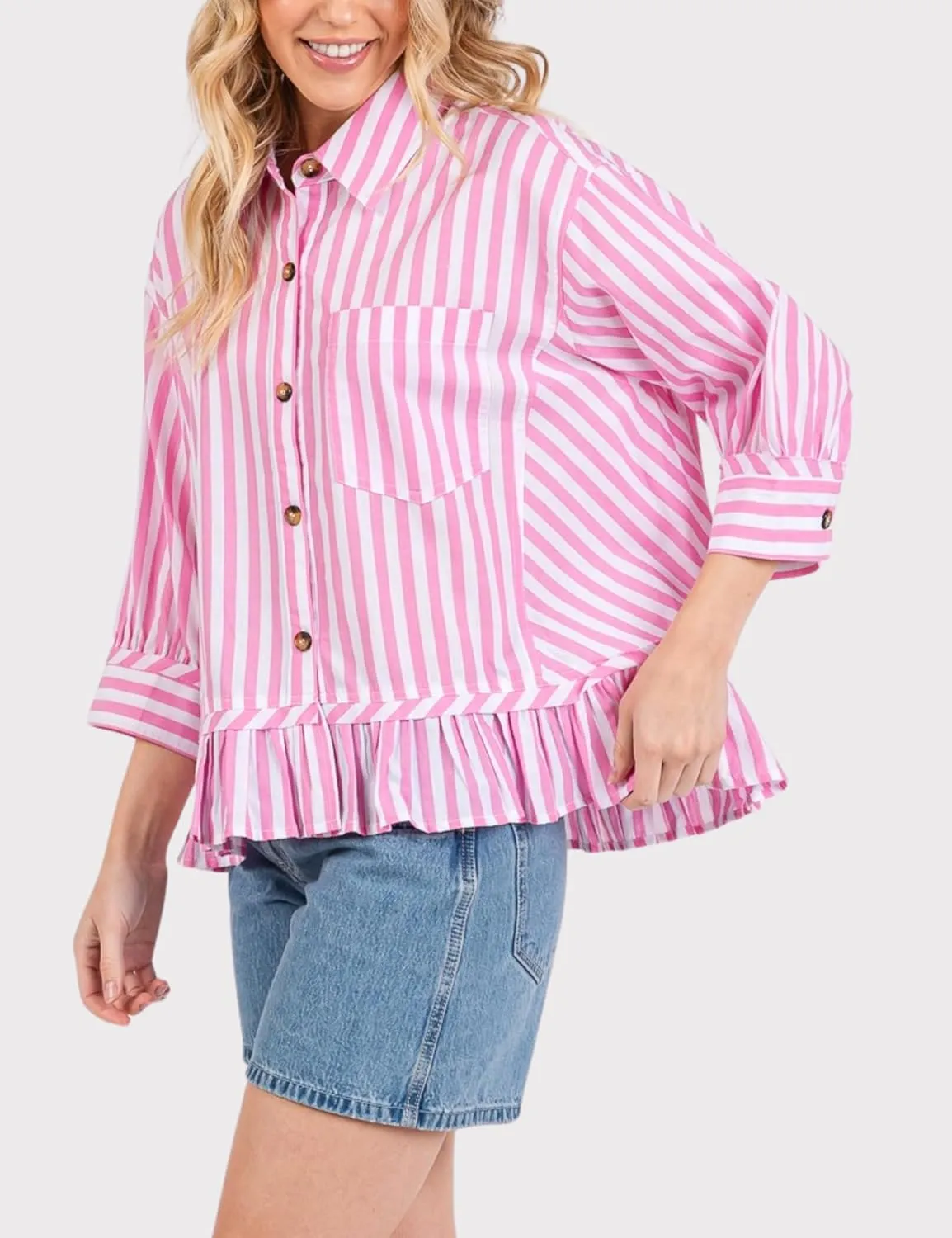 InterNos Womens Striped 3/4 Sleeve Blouse Loose V Neck Button Down Ruffled Hem Vertical Shirt Top with Pocket