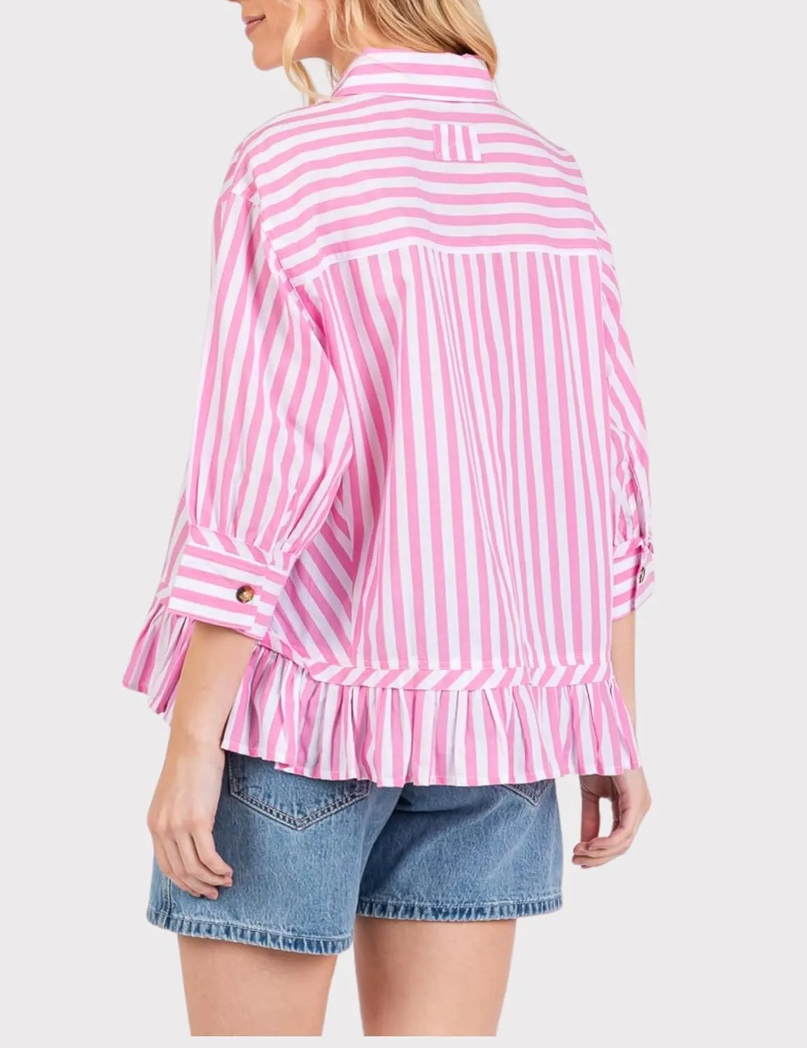 InterNos Womens Striped 3/4 Sleeve Blouse Loose V Neck Button Down Ruffled Hem Vertical Shirt Top with Pocket