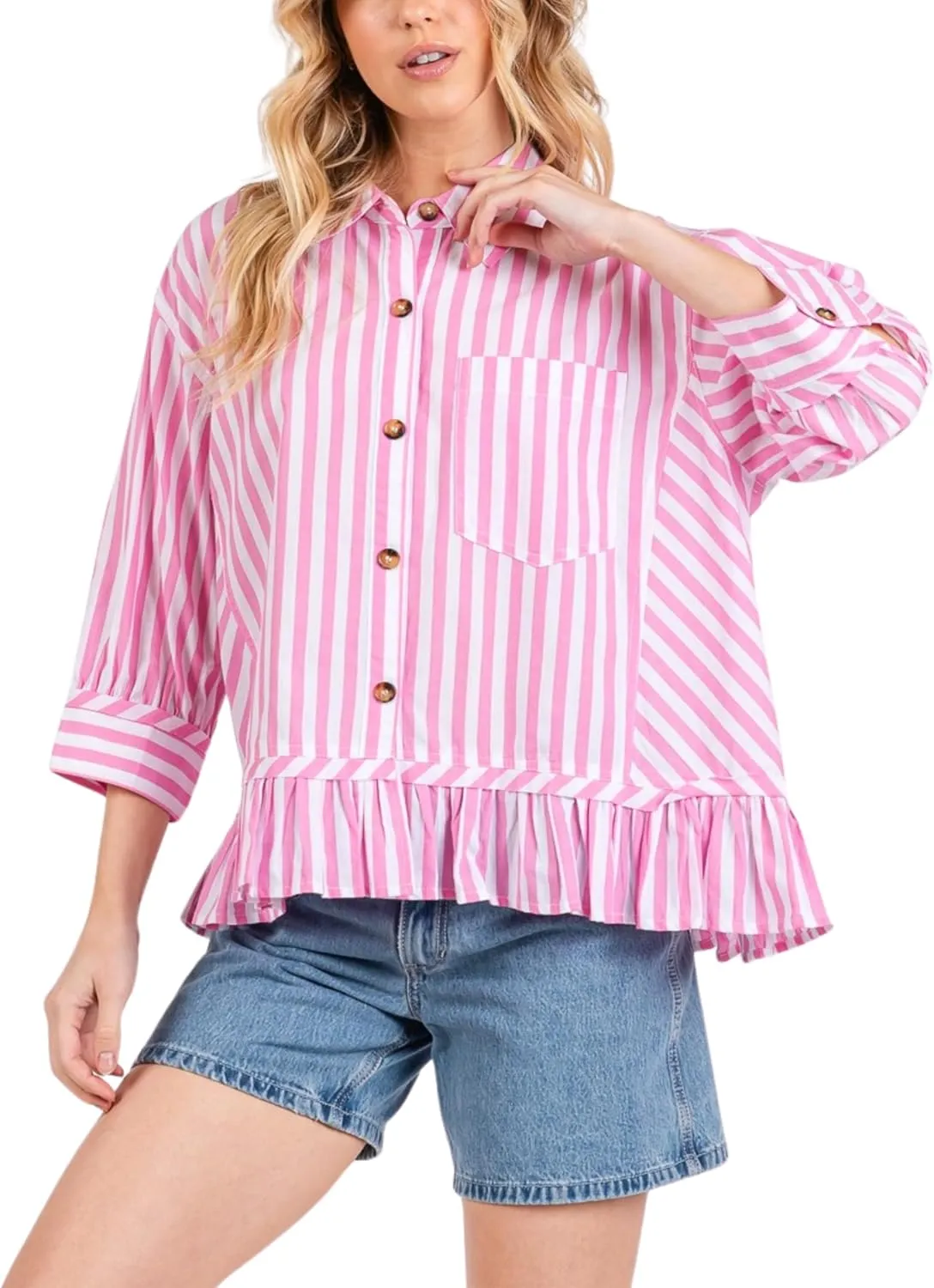 InterNos Womens Striped 3/4 Sleeve Blouse Loose V Neck Button Down Ruffled Hem Vertical Shirt Top with Pocket
