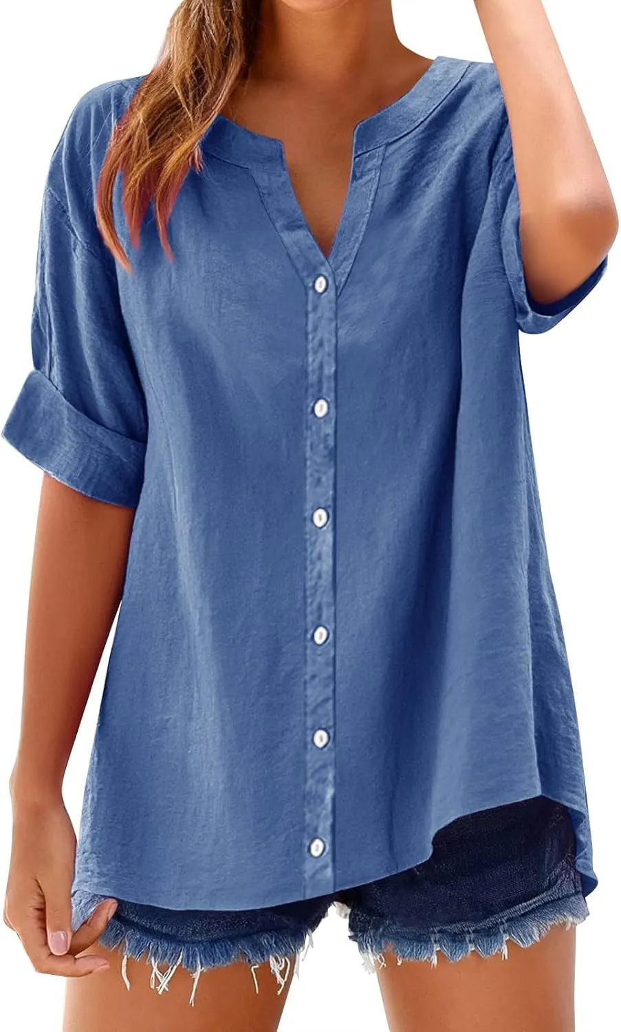 Linen Shirt for Women Button Down Shirts for Women Solid Short Sleeve Tunic Tops Casual V Neck Dressy Blouses