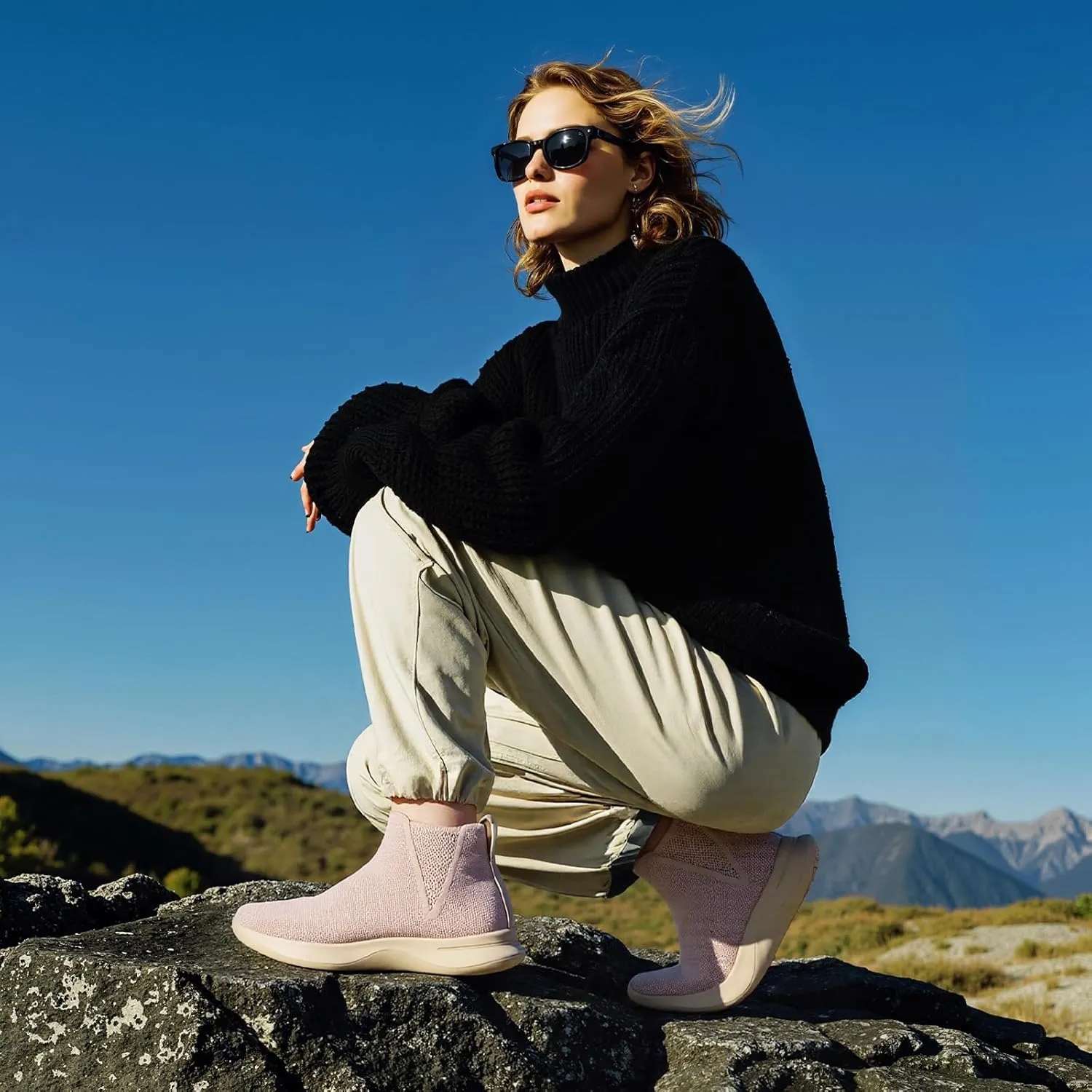 LinnOaks Walking Boots for Women Sock High Top Sneaker Boots Booties Wide Comfortable Stretchy Slip On Lightweight Sneakers Tennis Running Shoes Black