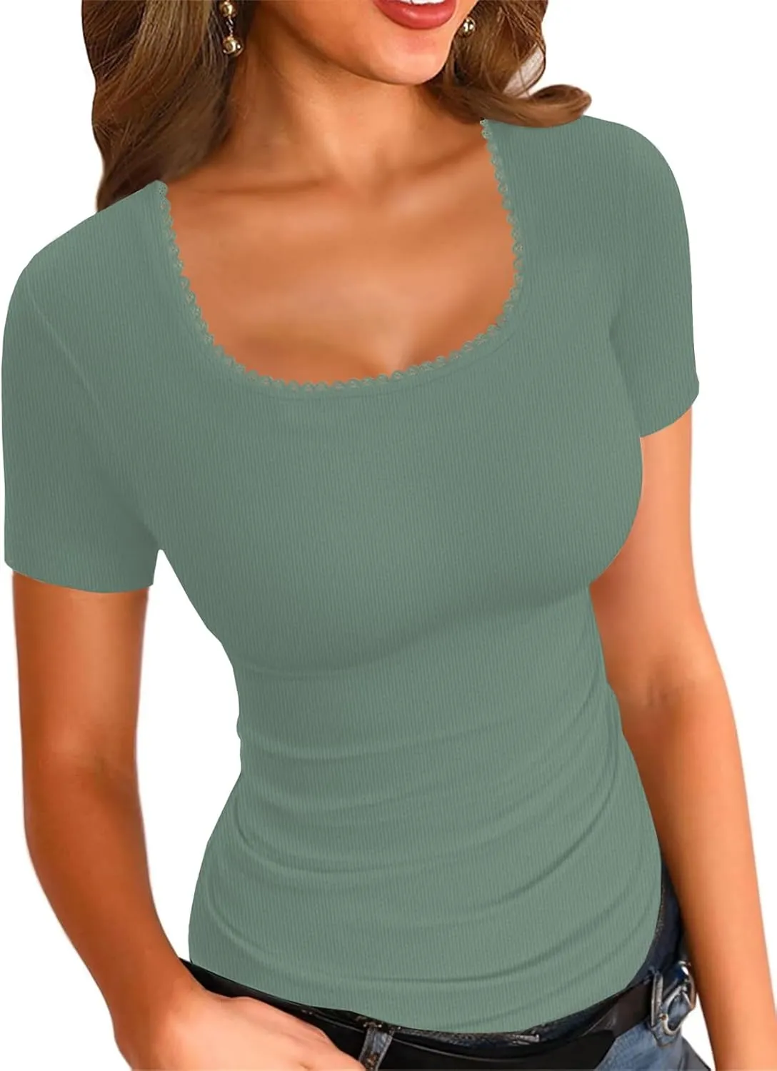 LOLONG Womens Short Sleeve Ribbed T Shirts Summer Casual Square Neck Lace Patchwork Tops