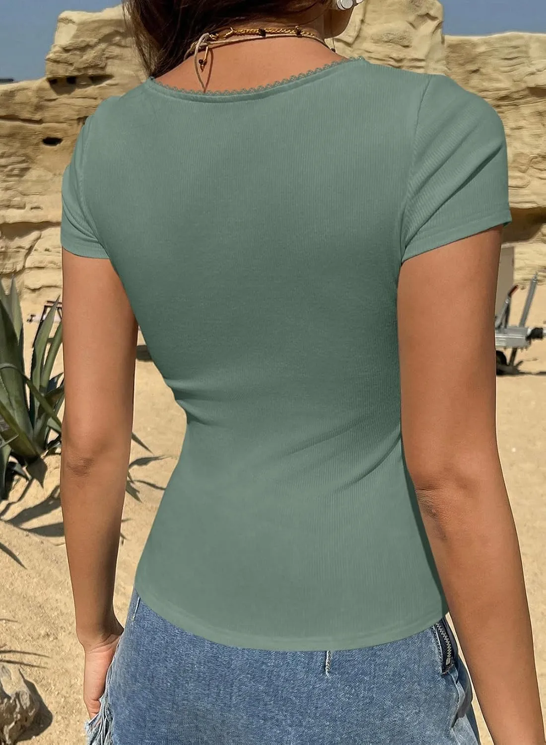 LOLONG Womens Short Sleeve Ribbed T Shirts Summer Casual Square Neck Lace Patchwork Tops