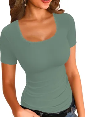 LOLONG Womens Short Sleeve Ribbed T Shirts Summer Casual Square Neck Lace Patchwork Tops