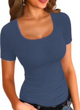LOLONG Womens Short Sleeve Ribbed T Shirts Summer Casual Square Neck Lace Patchwork Tops
