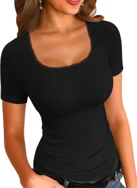 LOLONG Womens Short Sleeve Ribbed T Shirts Summer Casual Square Neck Lace Patchwork Tops