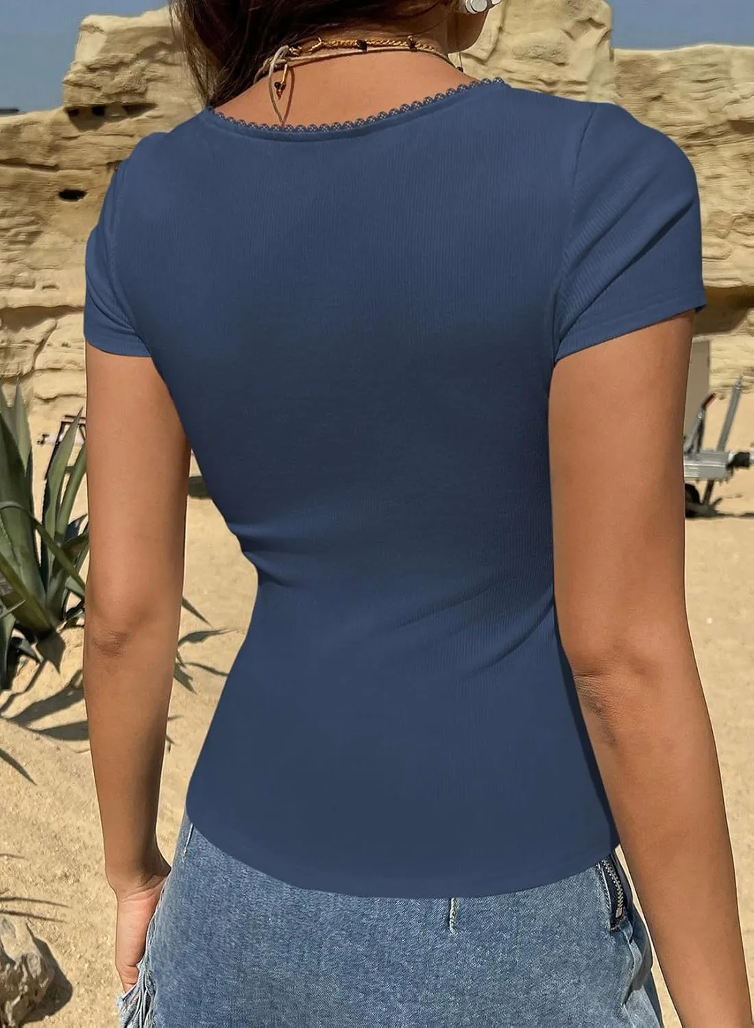 LOLONG Womens Short Sleeve Ribbed T Shirts Summer Casual Square Neck Lace Patchwork Tops