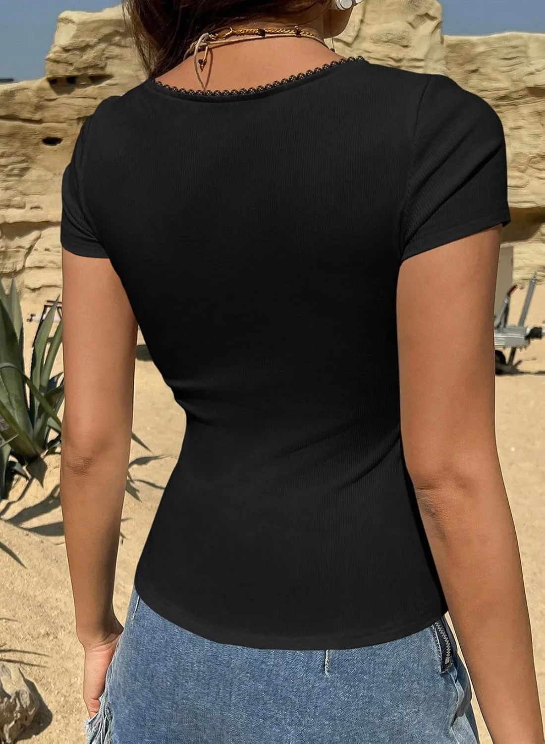 LOLONG Womens Short Sleeve Ribbed T Shirts Summer Casual Square Neck Lace Patchwork Tops