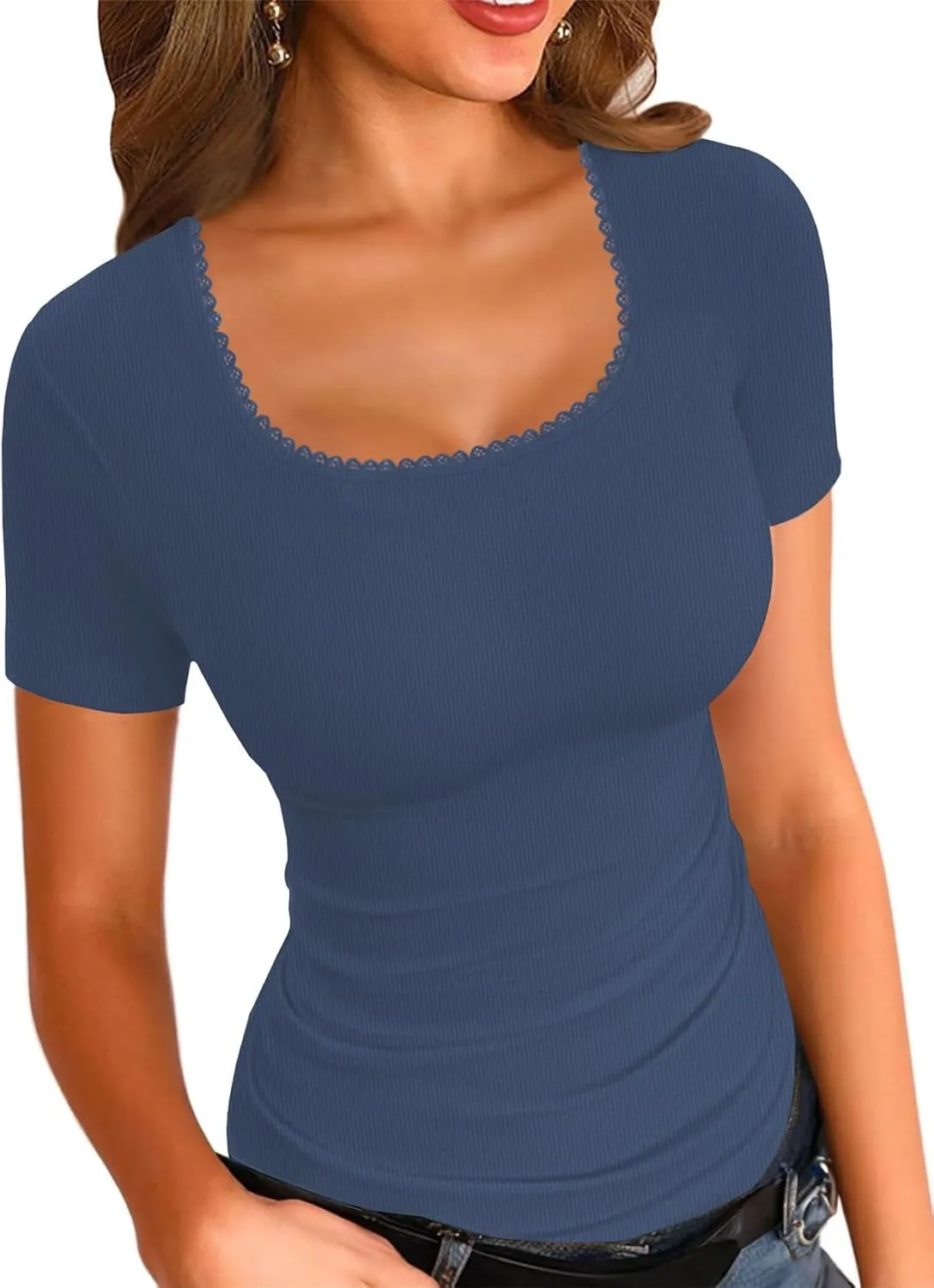 LOLONG Womens Short Sleeve Ribbed T Shirts Summer Casual Square Neck Lace Patchwork Tops