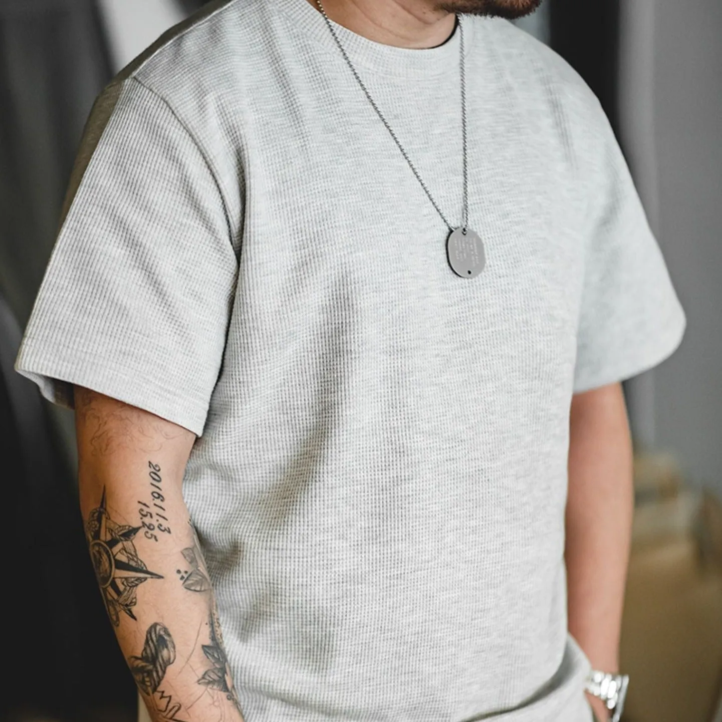 Madden workwear men's American vintage heavy knit waffle T-shirt white positive shoulder clicker short sleeve half-sleeve shirt