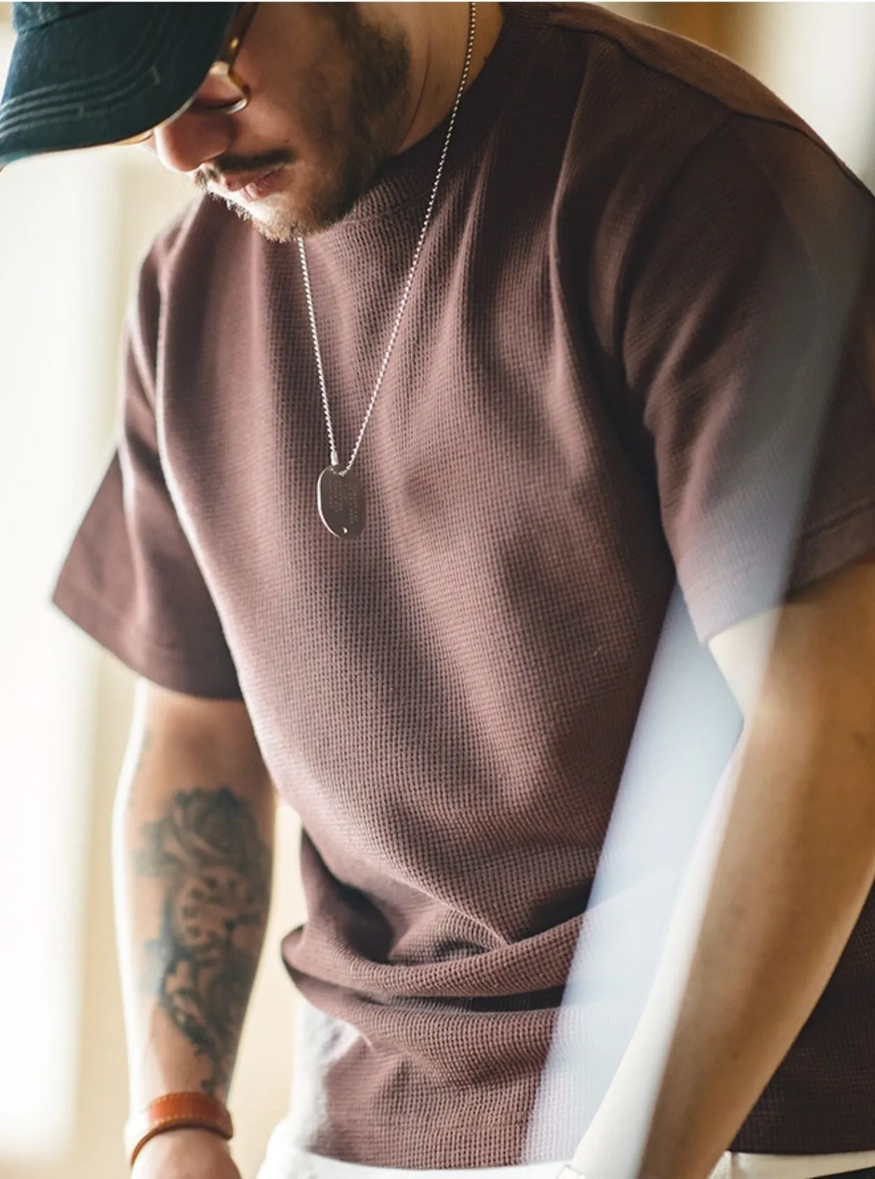 Madden workwear men's American vintage heavy knit waffle T-shirt white positive shoulder clicker short sleeve half-sleeve shirt