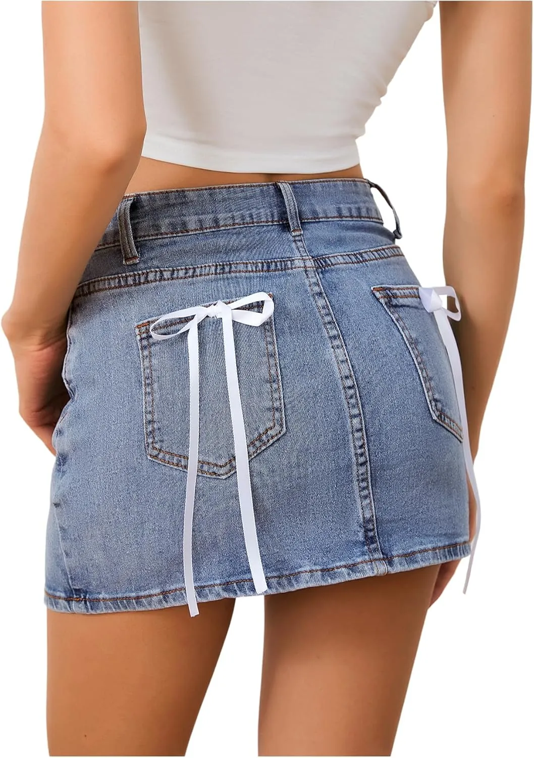 MakeMeChic Women's Denim Skirt High Waist Bow Pocket Bodycon Y2K Mini Jean Skirts