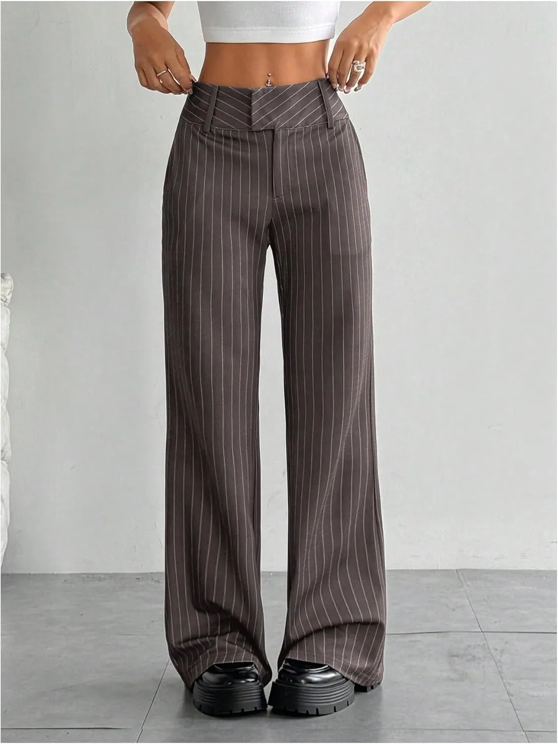 MakeMeChic Women's Striped Dressy Pants Straight Leg Work Office Long Trousers