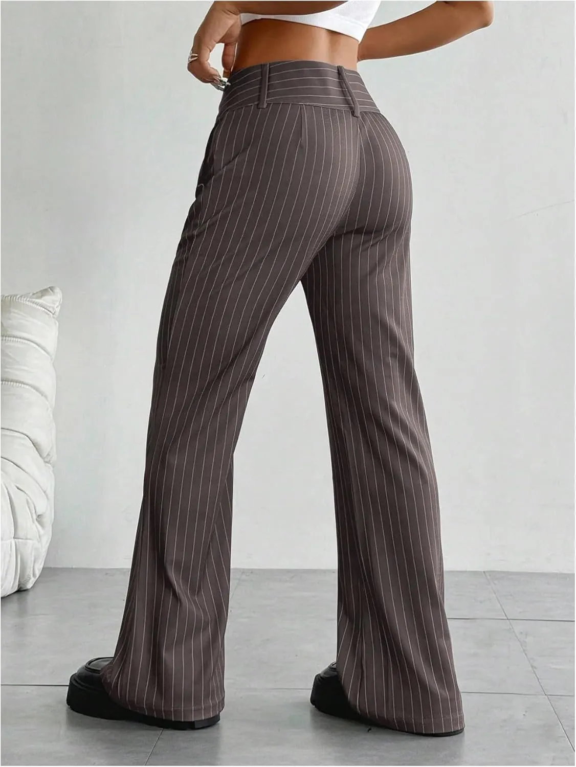 MakeMeChic Women's Striped Dressy Pants Straight Leg Work Office Long Trousers