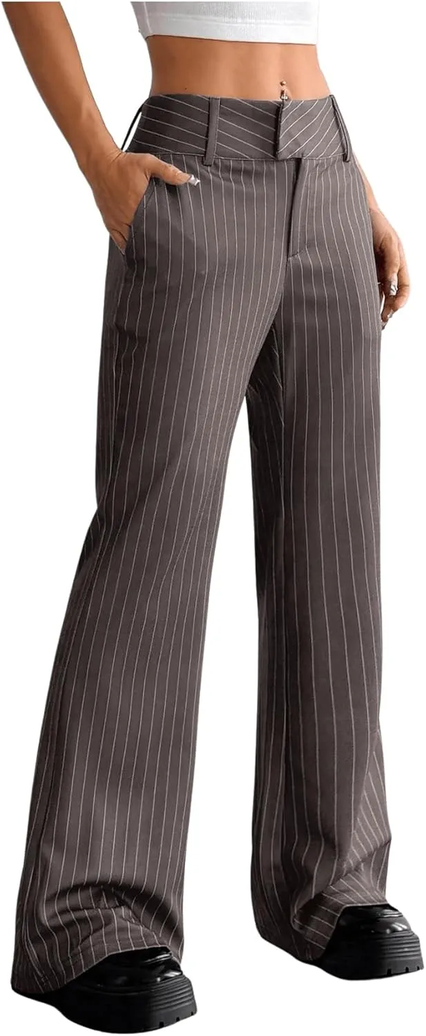 MakeMeChic Women's Striped Dressy Pants Straight Leg Work Office Long Trousers
