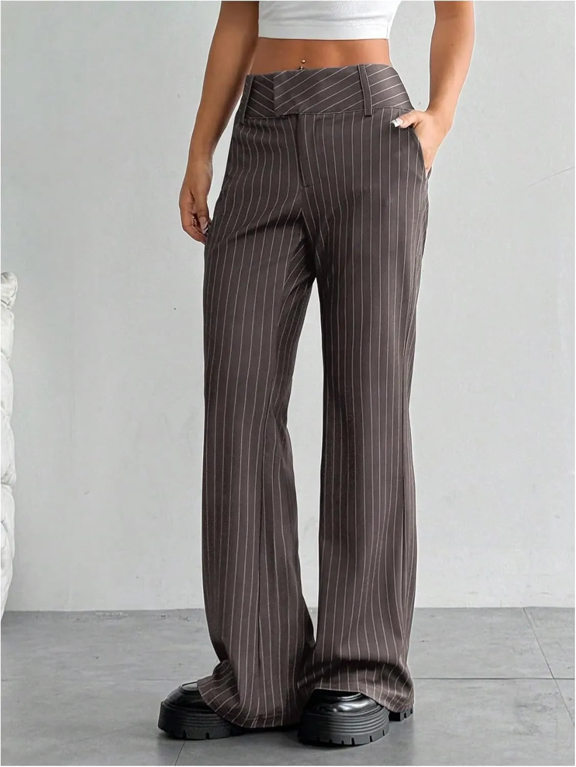 MakeMeChic Women's Striped Dressy Pants Straight Leg Work Office Long Trousers