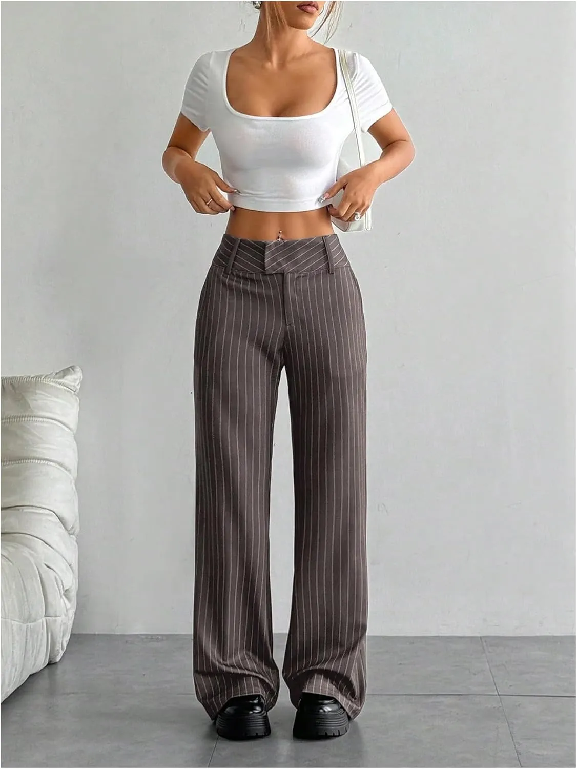 MakeMeChic Women's Striped Dressy Pants Straight Leg Work Office Long Trousers