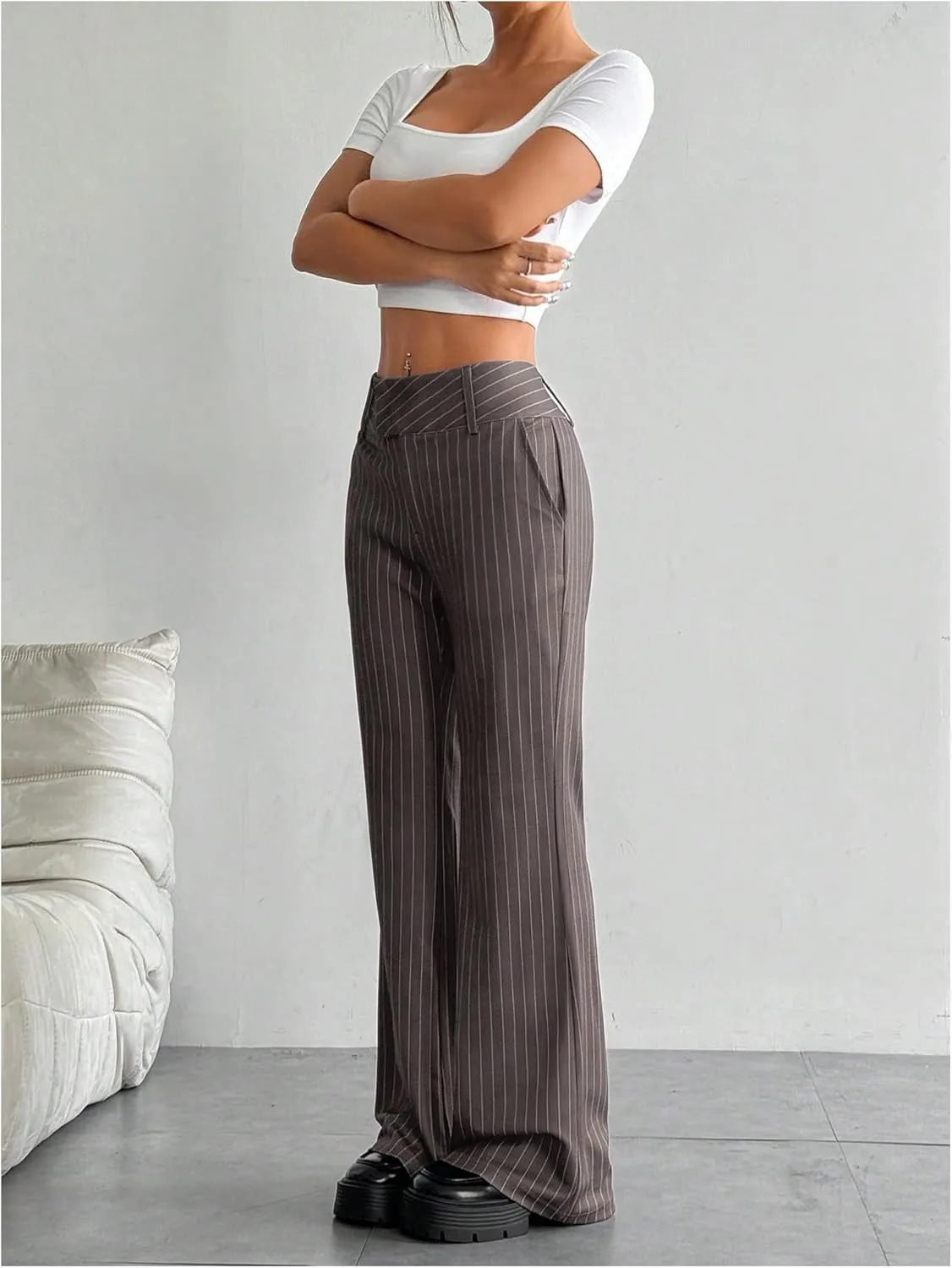 MakeMeChic Women's Striped Dressy Pants Straight Leg Work Office Long Trousers