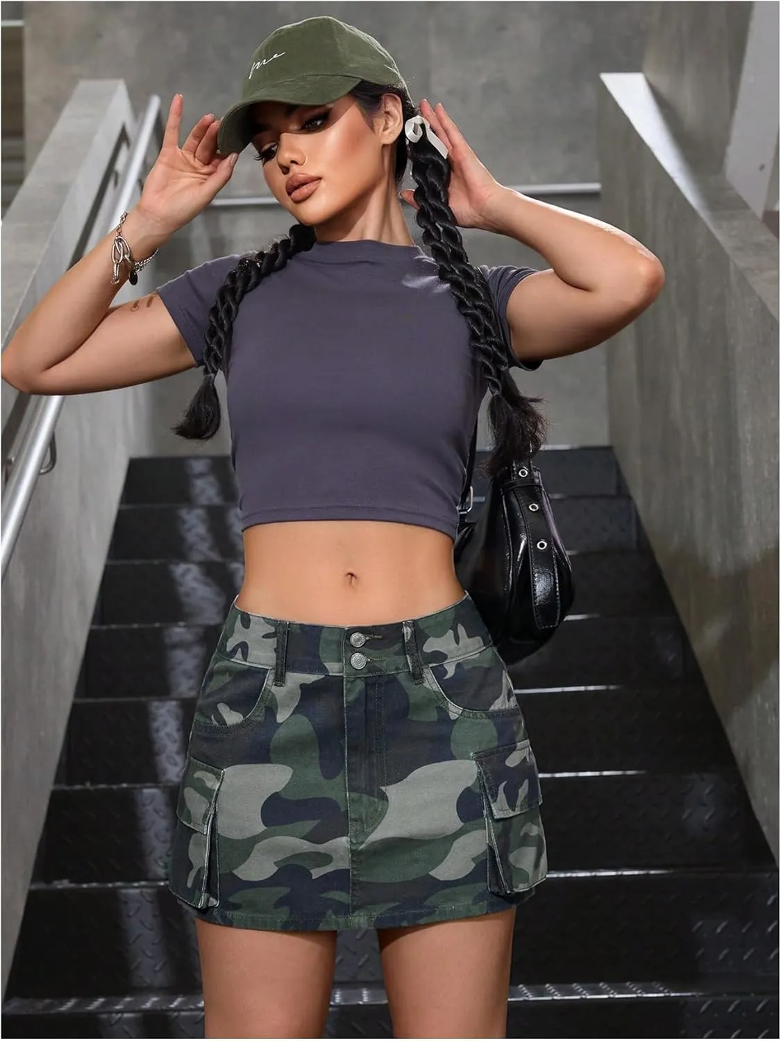 Milumia Women's Denim Skirt Camo Print Low Waisted Flap Pocket Jean Cargo Skirts