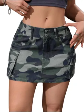 Milumia Women's Denim Skirt Camo Print Low Waisted Flap Pocket Jean Cargo Skirts
