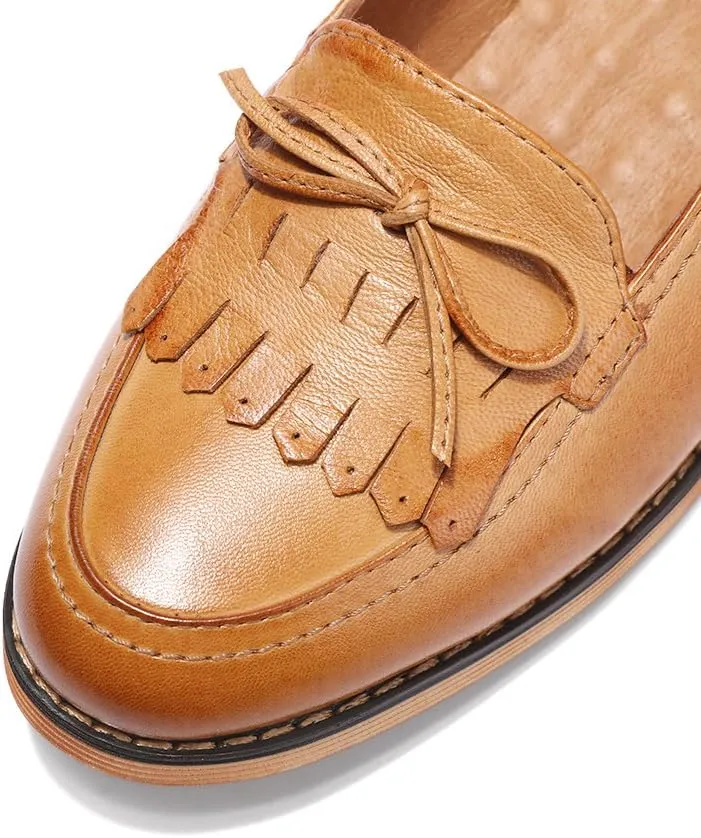 Mona flying Women's Leather Tassel Loafer Dress Casual Slip on Flat Office Work Shoes for Ladies
