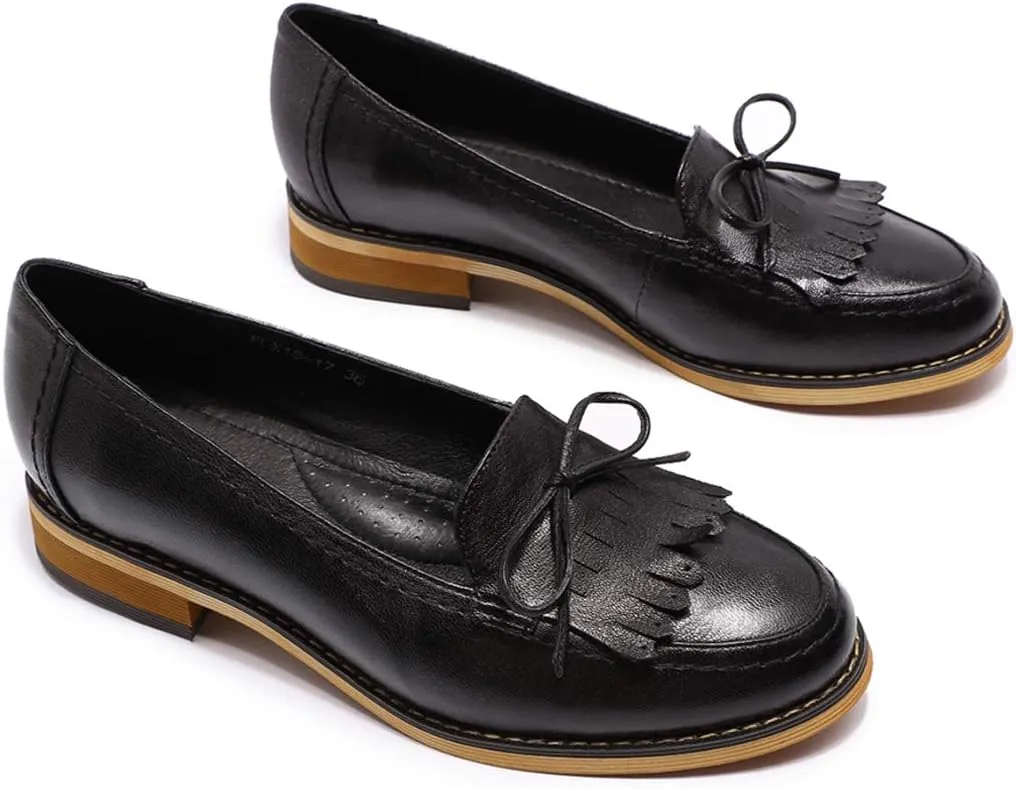 Mona flying Women's Leather Tassel Loafer Dress Casual Slip on Flat Office Work Shoes for Ladies
