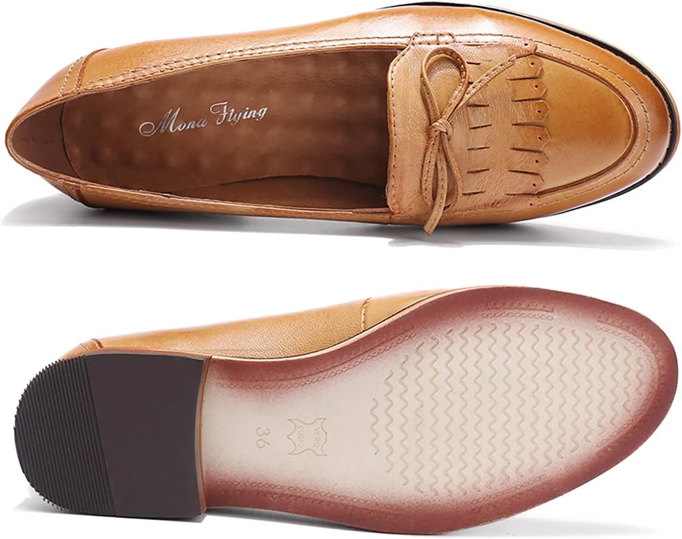 Mona flying Women's Leather Tassel Loafer Dress Casual Slip on Flat Office Work Shoes for Ladies