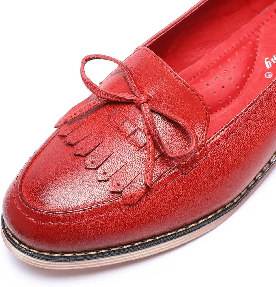 Mona flying Women's Leather Tassel Loafer Dress Casual Slip on Flat Office Work Shoes for Ladies