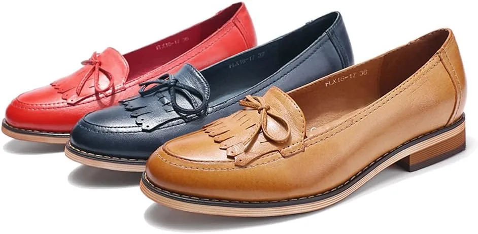 Mona flying Women's Leather Tassel Loafer Dress Casual Slip on Flat Office Work Shoes for Ladies