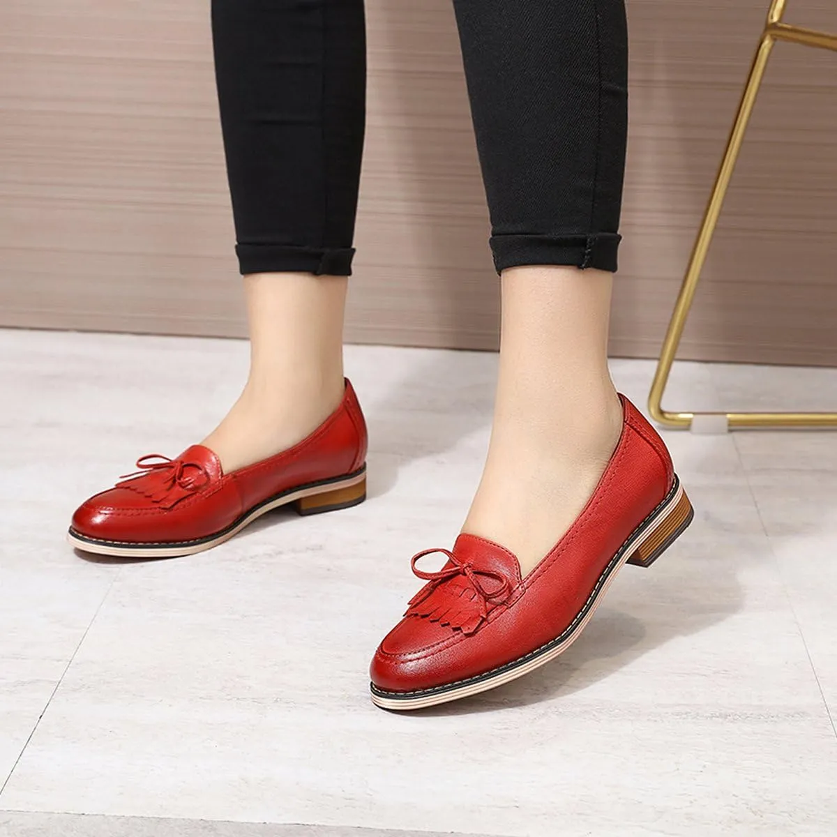 Mona flying Women's Leather Tassel Loafer Dress Casual Slip on Flat Office Work Shoes for Ladies