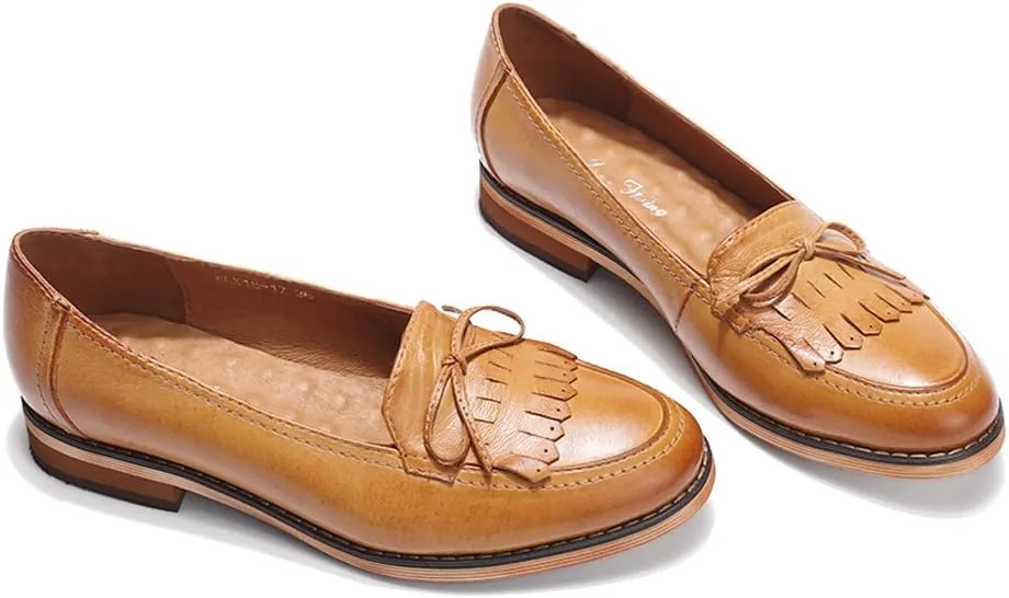 Mona flying Women's Leather Tassel Loafer Dress Casual Slip on Flat Office Work Shoes for Ladies