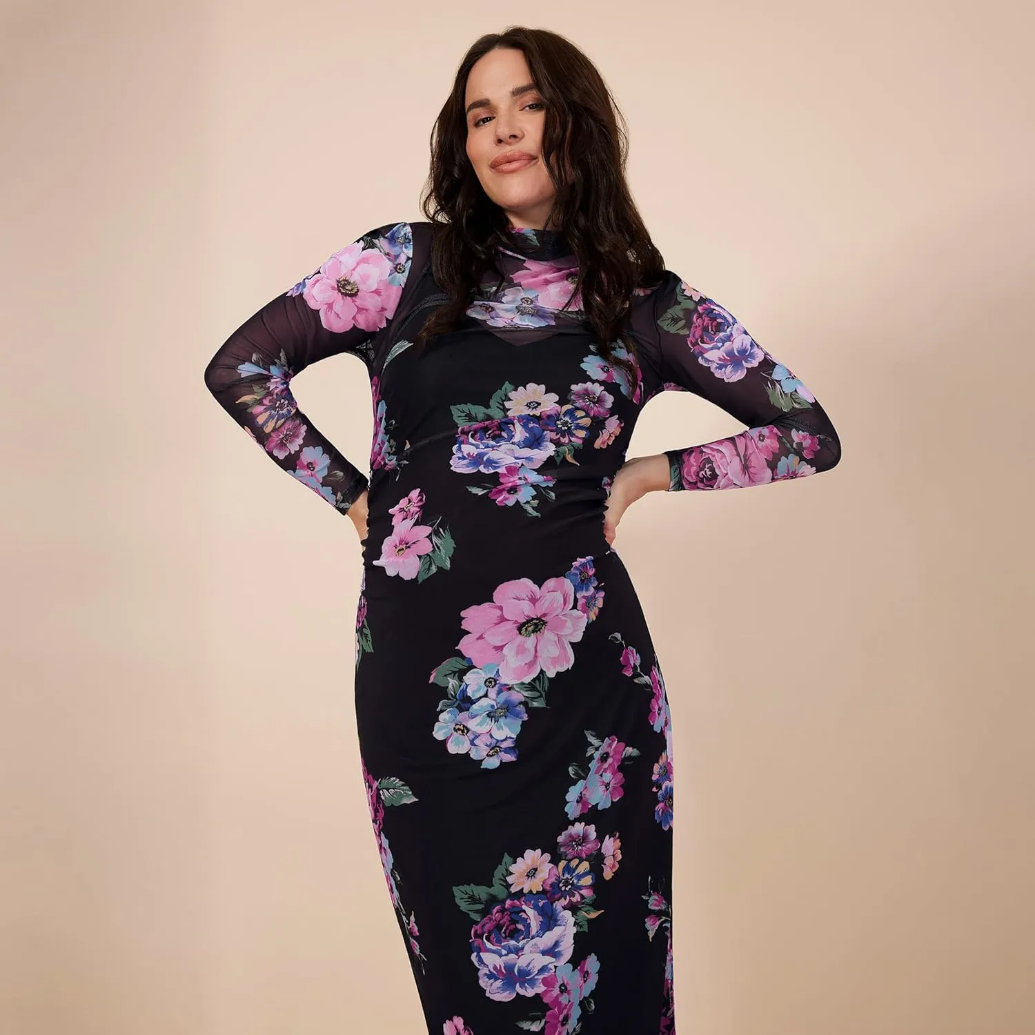 Motherhood Maternity Women's Long Sleeve Mesh Turtleneck Maxi Pregnancy Bodycon Dress