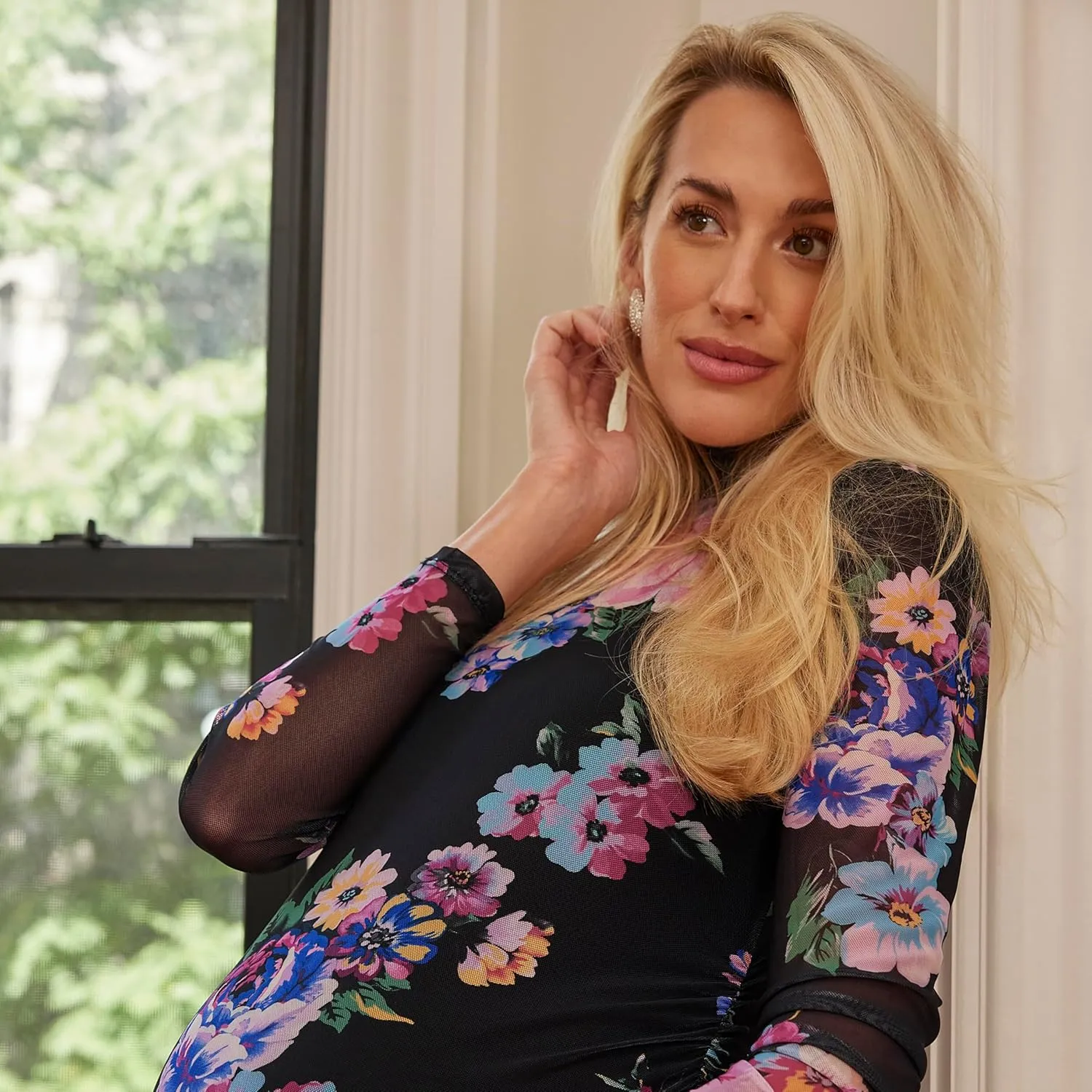 Motherhood Maternity Women's Long Sleeve Mesh Turtleneck Maxi Pregnancy Bodycon Dress