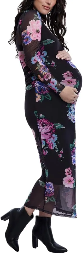 Motherhood Maternity Women's Long Sleeve Mesh Turtleneck Maxi Pregnancy Bodycon Dress