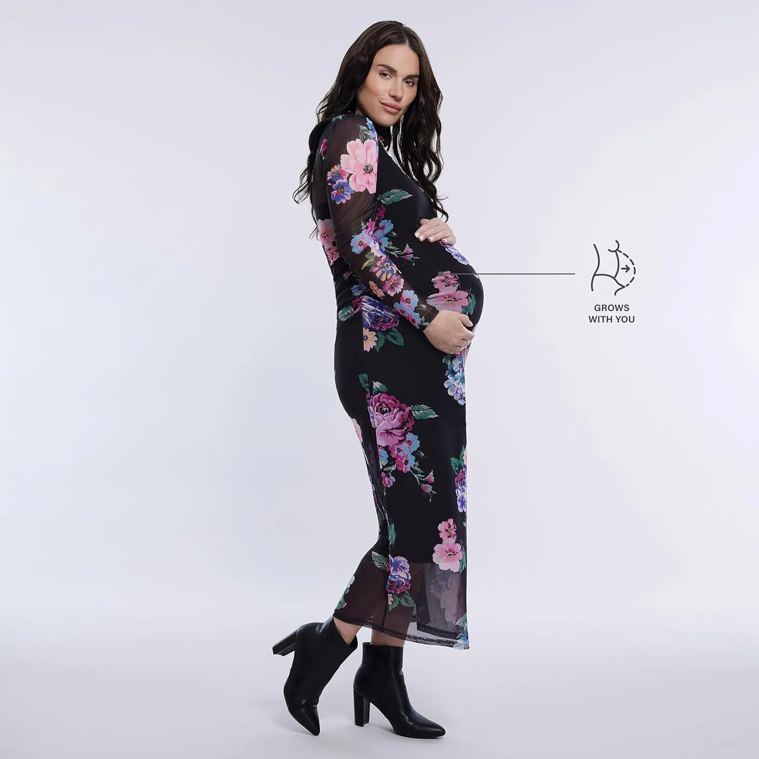 Motherhood Maternity Women's Long Sleeve Mesh Turtleneck Maxi Pregnancy Bodycon Dress